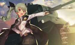 Rule 34 | 10s, 1girl, anchovy (girls und panzer), belt, black necktie, black ribbon, black skirt, blush, cape, carro armato p40, ccaw, commentary request, drill hair, emblem, girls und panzer, green hair, hand on own hip, long hair, long sleeves, military, military vehicle, motor vehicle, necktie, open mouth, pleated skirt, red eyes, ribbon, riding crop, shirt, shoulder belt, skirt, smile, solo, tank, twin drills, twintails, uniform, white shirt