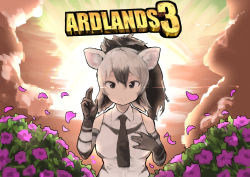 Rule 34 | 1girl, aardwolf (kemono friends), aardwolf print, animal ear fluff, animal ears, animal print, backlighting, bad id, bad pixiv id, bare shoulders, black hair, black necktie, borderlands (series), borderlands 3, closed mouth, cloud, collared shirt, commentary request, elbow gloves, flower, gloves, grey hair, hair between eyes, hand on own chest, hands up, high ponytail, kadim, kemono friends, long hair, looking at viewer, multicolored hair, necktie, parody, ponytail, print gloves, print shirt, shirt, sky, sleeveless, sleeveless shirt, smile, solo, sun, title parody, twilight, two-tone hair, upper body, wing collar
