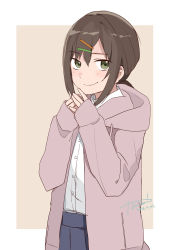 Rule 34 | 1girl, alternate costume, black hair, border, brown coat, coat, commentary request, fubuki (kancolle), green eyes, grey background, grey skirt, highres, hiroe (cosmos blue-02 421), hood, hooded coat, hoodie, kantai collection, low ponytail, pleated skirt, ponytail, shirt, short ponytail, sidelocks, skirt, solo, two-tone background, white border, white shirt