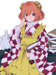 Rule 34 | 1girl, absurdres, apron, bell, book, checkered clothes, checkered kimono, clothes writing, commission, glasses, hair bell, hair ornament, highres, holding, holding book, japanese clothes, jingle bell, kimono, long sleeves, looking at viewer, motoori kosuzu, mugi (mugimugi 9kv), red eyes, red hair, round eyewear, short hair, simple background, skeb commission, solo, touhou, two side up, white background, wide sleeves, yellow apron