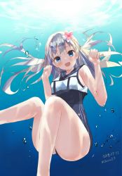 Rule 34 | 1girl, absurdres, air bubble, bad id, bad pixiv id, blue eyes, blush, breasts, bubble, commentary request, crop top, flower, from below, hair between eyes, hair flower, hair ornament, highres, kantai collection, lifebuoy, long hair, looking at viewer, one-piece swimsuit, one-piece tan, open mouth, ro-500 (kancolle), sailor collar, school swimsuit, smile, solo, submerged, swim ring, swimsuit, swimsuit under clothes, tan, tanline, underwater, white hair, zaresutii