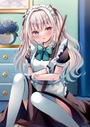 Rule 34 | 1girl, apron, bandaid, bandaid on arm, black dress, blue eyes, blue flower, blue hair, blue rose, blush, bow, broom, chest of drawers, commentary request, dress, flower, frilled apron, frills, gloves, gradient hair, green bow, grey hair, hair between eyes, heterochromia, indoors, long hair, maid, maid apron, maid headdress, multicolored hair, original, puffy short sleeves, puffy sleeves, red eyes, rose, sakura hiyori, short sleeves, signature, solo, thighhighs, twitter username, very long hair, white apron, white flower, white gloves, white rose, white thighhighs
