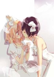 Rule 34 | 10s, 2girls, against wall, asagao to kase-san, bare shoulders, black hair, blonde hair, bow, bride, closed eyes, couple, dress, gradient background, hair bow, imminent kiss, kase-san, kase (kase-san), multiple girls, official art, short hair, strapless, strapless dress, takashima hiromi, wedding dress, white bow, wife and wife, yamada (kase-san), yuri