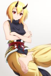 Rule 34 | 1girl, bare arms, bare shoulders, black leotard, blonde hair, blush, breasts, closed mouth, commentary request, crossed arms, gradient background, grey background, hair between eyes, horns, leotard, medium breasts, oni, oni horns, original, pants, puffy pants, red eyes, shachoo., smile, solo, white background, yellow pants