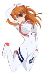 Rule 34 | 1girl, arm up, blue eyes, bodysuit, breasts, closed mouth, commentary request, covered navel, evangelion: 3.0+1.0 thrice upon a time, eyepatch, full body, hair ornament, highres, interface headset, long hair, looking at viewer, medium breasts, monstermilk, neon genesis evangelion, orange hair, pilot suit, plugsuit, rebuild of evangelion, solo, souryuu asuka langley, white background, white bodysuit