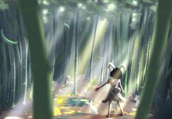 Rule 34 | 1girl, animal ears, bamboo, bamboo forest, black hair, carrot necklace, commentary, dappled sunlight, day, dress, english commentary, floppy ears, forest, full body, highres, inaba tewi, nature, necklace, outdoors, pink dress, rabbit, rabbit ears, rabbit tail, revenge (vengerezn), ribbon-trimmed dress, short hair, solo, standing, sunlight, tail, touhou