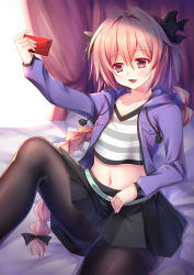Rule 34 | 1boy, ame wa a ga tsutano?, astolfo (fate), astolfo (memories at trifas) (fate), black bow, black pantyhose, black skirt, blush, bow, braid, cellphone, collarbone, fang, fate/apocrypha, fate (series), highres, indoors, long hair, male focus, navel, official alternate costume, open mouth, pantyhose, phone, pink hair, purple eyes, selfie, shirt, single braid, skirt, smartphone, smile, solo, striped clothes, striped shirt, trap