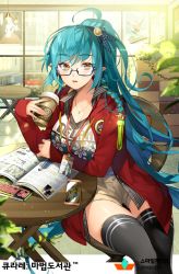 Rule 34 | 1girl, ahoge, bad id, bad pixiv id, black thighhighs, blue-framed eyewear, blue hair, braid, breasts, cellphone, city, cleavage, clothes writing, coffee, delphine (qurare), glasses, hair ornament, hair ribbon, indoors, jewelry, large breasts, long hair, looking at viewer, magazine (object), namyo, necklace, orange eyes, parted lips, phone, pointy ears, ponytail, qurare magic library, ribbon, semi-rimless eyewear, short shorts, shorts, sitting, sleeves past wrists, smartphone, solo, stool, table, thighhighs, under-rim eyewear, very long hair