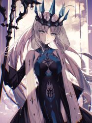 Rule 34 | 1girl, black choker, blue eyes, blue ribbon, breasts, choker, cloud, cloudy sky, crown, diamond (shape), fate/grand order, fate (series), grey hair, hair between eyes, highres, holding, holding staff, lace, lace trim, long hair, long sleeves, looking at viewer, medium breasts, morgan le fay (fate), morgan le fay (queen of winter) (fate), open mouth, ornament, ribbon, simple background, sky, smile, solo, spikes, staff, tamitami, teeth, veil, white ribbon