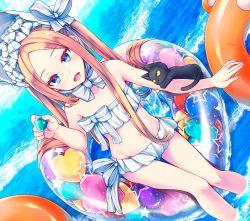 Rule 34 | 1girl, abigail williams (fate), abigail williams (swimsuit foreigner) (fate), abigail williams (swimsuit foreigner) (third ascension) (fate), animal, bikini, blonde hair, blue eyes, bonnet, cat, commentary request, fate/grand order, fate (series), flat chest, highres, innertube, legs, long hair, looking at viewer, navel, ocean, open mouth, solo, swim ring, swimsuit, teeth, teruui, water, white bikini