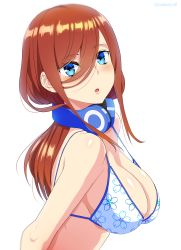 Rule 34 | 1girl, absurdres, arms behind back, bikini, blue eyes, breasts, brown hair, cleavage, commentary request, floral print, from side, go-toubun no hanayome, hair between eyes, headphones, headphones around neck, highres, large breasts, long hair, looking at viewer, mattari yufi, nakano miku, open mouth, sidelocks, solo, swimsuit, twitter username, upper body, white background