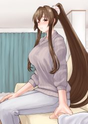 Rule 34 | 1girl, blush, breasts, brown hair, collarbone, grey sweater, hair intakes, highres, hand grab, indoors, kantai collection, large breasts, long hair, long sleeves, looking at viewer, mrdotd, pants, ponytail, red eyes, sidelocks, sitting, solo focus, sweater, very long hair, white pants, yamato (kancolle)