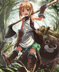 Rule 34 | 10s, 1girl, :d, abby the axe girl, artist request, axe, bag, bear, blonde hair, blue eyes, boots, brown eyes, bug, butterfly, cygames, facial mark, forehead mark, forest, fur trim, gloves, insect, leaning, log, nature, official art, open mouth, shadowverse, shingeki no bahamut, short hair, shorts, smile, weapon