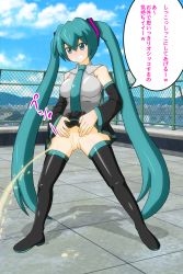 Rule 34 | 1girl, aqua eyes, aqua hair, black thighhighs, cleft of venus, hatsune miku, highres, niibe, no panties, outdoors, peeing, pussy, rooftop, smile, solo, standing, thighhighs, uncensored, vocaloid