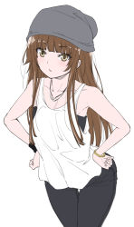 Rule 34 | 1girl, amagami, bare shoulders, beanie, blunt bangs, bracelet, brown eyes, brown hair, collarbone, cowboy shot, denim, fashion, hands on own hips, hat, hime cut, jeans, jewelry, kamizaki risa, long hair, looking at viewer, necklace, pants, pantyhose, shouji nigou, simple background, solo, tank top, thigh gap, triangle mouth, white background