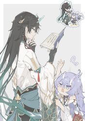 Rule 34 | 1boy, 1girl, angry, bailu (honkai: star rail), battle, black hair, book, chibi, chinese clothes, clenched hand, closed mouth, dan heng (honkai: star rail), dan heng (imbibitor lunae) (honkai: star rail), detached sleeves, dragon horns, dragon tail, eyeliner, eyeshadow, fighting stance, fingerless gloves, gloves, green eyes, highres, honkai: star rail, honkai (series), horns, jewelry, long hair, long sleeves, makeup, open mouth, pointy ears, purple eyes, purple hair, red eyeliner, red eyeshadow, ring, simple background, smile, tail, white background, white sleeves, yue (shemika98425261)