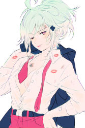 Rule 34 | 1girl, ahoge, aqua hair, bandaid, bandaid on arm, bandaid on face, belt, breasts, bruise, cleavage, clover, clover hair ornament, dress shirt, four-leaf clover, hair ornament, injury, kaze-hime, lips, lipstick mark, long hair, looking at viewer, necktie, one eye closed, open clothes, open shirt, original, panties, ponytail, shirt, simple background, sketch, smile, solo, underwear, upper body, white background, white shirt