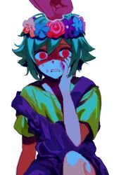 Rule 34 | 1boy, basil (omori), commentary request, constricted pupils, cowboy shot, crying, crying with eyes open, flower wreath, green hair, green shirt, hand on own cheek, hand on own face, head wreath, highres, looking at viewer, male focus, mokyu1156, omori, out of frame, overalls, purple overalls, red eyes, shaded face, shirt, short hair, short sleeves, simple background, single off shoulder, sitting, solo focus, tears, white background, wide-eyed