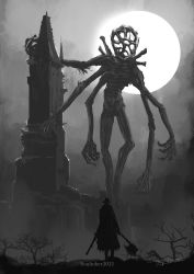 Rule 34 | amygdala (bloodborne), axe, bloodborne, building, castle, coat, dual wielding, eldritch abomination, extra arms, from behind, full moon, gloves, greyscale, gun, hat, highres, holding, holding axe, holding weapon, hunter (bloodborne), long sleeves, monochrome, monster, moon, outdoors, sky, standing, tripdancer, weapon