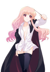 Rule 34 | 00s, bottomless, cape, flat chest, long hair, louise francoise le blanc de la valliere, open clothes, open shirt, pink eyes, pink hair, shirt, solo, soyoking, thighhighs, wand, zero no tsukaima