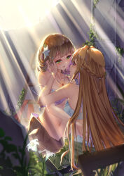 Rule 34 | 2girls, blush, bra, braid, brown eyes, duel monster, exosister elis, exosister stella, eye contact, flower, gem, green eyes, hair ornament, hand on another&#039;s face, highres, ivy, jewelry, ladder, light brown hair, lily (flower), long hair, looking at another, multiple girls, navel, necklace, open mouth, pearl necklace, red gemstone, ruins, shun no shun, star (symbol), star hair ornament, sunlight, underwear, very long hair, yu-gi-oh!, yuri