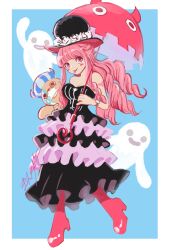 Rule 34 | 1girl, arm tattoo, blue background, blunt bangs, blush, boots, border, commentary request, dress, drill hair, flower, frilled dress, frills, full body, half updo, hat, highres, holding, holding stuffed toy, holding umbrella, kumacy, long hair, looking at viewer, magu pink, mask, mouth mask, one piece, perona, pink eyes, pink footwear, pink hair, rose, signature, simple background, solo, stuffed toy, tattoo, tongue, tongue out, top hat, umbrella, watch, white border, white flower, white rose, wristwatch