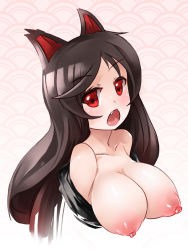 Rule 34 | 1girl, animal ears, bare shoulders, blush, breasts, breasts out, brown hair, fang, imaizumi kagerou, large breasts, long hair, looking at viewer, naik, nipples, off shoulder, open mouth, red eyes, simple background, solo, touhou, upper body, wolf ears
