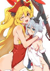 Rule 34 | 2girls, animal ears, anne bonny (fate), blonde hair, bow, bowtie, clearite, cowboy shot, detached collar, embarrassed, fake animal ears, fate/grand order, fate (series), gloves, hat, leotard, long hair, mary read (fate), multiple girls, one eye closed, pirate hat, playboy bunny, rabbit ears, red bow, red bowtie, red hat, scar, simple background, standing, thighs, two side up, v, very long hair, wavy mouth, white background