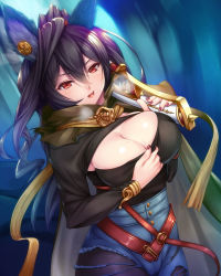 Rule 34 | 1girl, black hair, black pantyhose, breasts, cleavage, denim, erune, granblue fantasy, hair between eyes, ilsa (granblue fantasy), jeans, large breasts, long hair, long sleeves, looking at viewer, nail polish, open mouth, pants, pantyhose, red eyes, red nails, solo, torn clothes, torn jeans, torn pants, yuhji