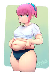 Rule 34 | 1girl, absurdres, artist name, belly grab, blue eyes, blush, border, breasts, cloudxmoe, cropped legs, dot nose, gradient background, highres, jitome, looking at viewer, medium breasts, muffin top, navel, original, parted lips, pink hair, plump, ponytail, shirt, short sleeves, sidelocks, solo, t-shirt, thick thighs, thighs, white border, white shirt