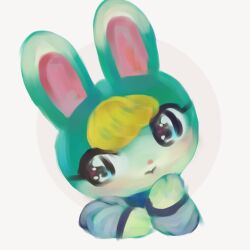 Rule 34 | 1boy, :&gt;, animal crossing, animal nose, blonde hair, blue eyes, blush, body fur, butter (oshi8kyoumoh), closed mouth, eyelashes, furry, furry male, green fur, grey background, hand on own chin, hand up, head tilt, highres, light blush, long sleeves, looking to the side, male focus, nintendo, no lineart, rabbit boy, rabbit ears, sasha (animal crossing), short hair, simple background, sketch, solo, swept bangs, trap, two-tone fur, upper body