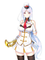 Rule 34 | 1girl, band uniform, bare shoulders, black thighhighs, blush, breasts, bright pupils, buttons, cleavage cutout, closed mouth, closers, clothing cutout, collared jacket, cowboy shot, double-breasted, fold-over gloves, furrowed brow, gloves, half-closed eyes, hand on own chest, hand up, hat, highres, holding, holding instrument, holding trumpet, impossible clothes, impossible jacket, instrument, jacket, large breasts, legs apart, long hair, looking at viewer, marching band, mini shako cap, miniskirt, mirae (closers), necktie, official art, parted bangs, pleated skirt, ponytail, red eyes, red necktie, shako cap, sidelocks, skirt, sleeveless, sleeveless jacket, solo, standing, thighhighs, trumpet, uniform, very long hair, white background, white gloves, white hair, white hat, white jacket, white pupils, white skirt, wing collar, zettai ryouiki