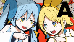 Rule 34 | 2girls, a ja nai ka (vocaloid), angry, blonde hair, blue eyes, blue hair, bow hairband, fang, furrowed brow, hair ornament, hairband, hairclip, hatsune miku, highres, kagamine rin, long hair, looking at another, multiple girls, open mouth, pinocchio-p, pointing, pointing at another, portrait, short hair, teeth, twintails, upper teeth only, v-shaped eyebrows, vocaloid, yellow eyes