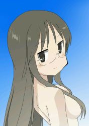 Rule 34 | 1girl, absurdres, black eyes, blue background, breasts, brown hair, censored, convenient censoring, glasses, gradient background, hair censor, hair over breasts, highres, long hair, looking at viewer, looking back, medium breasts, minakami mai, nichijou, nude, satoda shouji, smile, solo, upper body