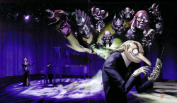 Rule 34 | 1girl, 2boys, absurdres, atlus, bald, black hair, cellphone, character request, gloves, highres, igor (persona), instrument, long nose, looking at viewer, multiple boys, music, old, old man, persona, persona 2, phone, piano, pointy ears, scan, singing, sky, star (sky), starry sky, velvet room, white hair