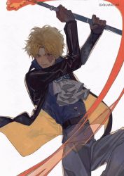 Rule 34 | 1boy, akihare, ascot, blonde hair, coat, fighting, fire, gloves, highres, holding, holding smoking pipe, holding weapon, long sleeves, male focus, one piece, smoking pipe, sabo (one piece), scar, scar across eye, scar on face, solo, weapon