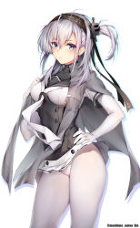 Rule 34 | 10s, 1girl, artist name, blue eyes, breasts, cameltoe, cloak, closed mouth, clothes lift, contrapposto, cowboy shot, elbow gloves, expressionless, gloves, hair between eyes, hairband, hand on own hip, headband, highres, kantai collection, medium breasts, medium hair, miniskirt, no panties, obiwan, one side up, pantyhose, pleated skirt, ribbon, silver hair, simple background, skirt, skirt lift, solo, standing, suzutsuki (kancolle), turtleneck, twitter username, underbust, white background, white gloves, white pantyhose