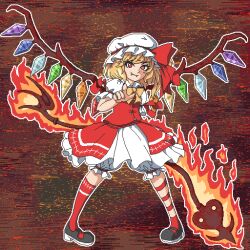 Rule 34 | 1girl, aksawshin, back bow, blonde hair, bow, bowtie, brown footwear, collared shirt, commentary, crystal, fang, flandre scarlet, frilled shirt collar, frilled skirt, frilled sleeves, frills, hat, hat ribbon, laevatein (touhou), mary janes, medium hair, mob cap, one side up, pixel art, pointing, pointing at viewer, puffy short sleeves, puffy sleeves, red eyes, red footwear, red ribbon, red skirt, red vest, ribbon, shirt, shoes, short sleeves, skirt, skirt set, slit pupils, solo, touhou, vest, white bow, white hat, white shirt, wings, wrist cuffs, yellow bow, yellow bowtie