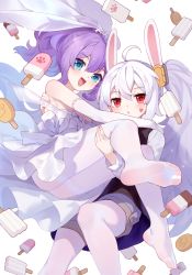 Rule 34 | 2girls, :d, ahoge, animal ears, azur lane, bare shoulders, black vest, blue eyes, blush, bridal veil, carrying, commentary request, dress, elbow gloves, facial mark, feet, female focus, food, gloves, grey shorts, hair between eyes, hair ornament, heart, highres, ice cream, ice cream bar, javelin (azur lane), laffey (azur lane), pantyhose under shorts, long hair, long sleeves, looking at viewer, multiple girls, no panties, no shoes, open mouth, pantyhose, parted lips, princess carry, purple hair, rabbit ears, red eyes, shirt, short shorts, shorts, simple background, smile, soles, strapless, strapless dress, thighband pantyhose, tiara, tsubasa tsubasa, twintails, veil, very long hair, vest, wedding dress, white background, white dress, white gloves, white hair, white legwear, white shirt, wife and wife, yuri