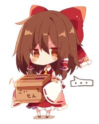 Rule 34 | &gt;:(, ..., 1girl, ascot, beckoning, blouse, blush stickers, bow, box, brown hair, chibi, detached sleeves, donation box, frown, hair bow, hair tubes, hakurei reimu, hands in opposite sleeves, large bow, long hair, looking at viewer, mina (sio0616), red eyes, shaking, shirt, skirt, skirt set, solo, touhou, translated, v-shaped eyebrows, wide sleeves, yellow ascot