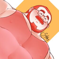 Rule 34 | 1boy, bara, beard, belly, blue eyes, blush, buzz cut, covered erect nipples, facial hair, fat, fat man, foreshortening, from below, full beard, glasses, highres, large pectorals, looking at viewer, looking down, male focus, mature male, meme, muscular, muscular male, nipples, orange hair, original, pectoral cleavage, pectoral focus, pectorals, photo-referenced, pink tank top, round eyewear, short hair, sidepec, solahr (kayashima soru), solo, tank top, tareme, thick eyebrows, thick mustache, upper body, very short hair, yur oc like this (meme)
