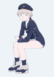 Rule 34 | 10s, 1girl, blue dress, blue eyes, clothes writing, dress, full body, hat, invisible chair, kantai collection, looking at viewer, ojipon, sailor dress, sailor hat, short hair, silver hair, simple background, sitting, solo, white background, z1 leberecht maass (kancolle)