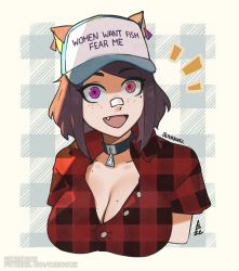 Rule 34 | 1girl, animal collar, animal ears, artist name, ascari megane (aurahack), aurahack, warrior of light (ff14), bandaid, bandaid on face, bandaid on nose, baseball cap, beige background, breasts, brown hair, cat ears, checkered background, cleavage, clothes writing, collar, collarbone, collared shirt, commentary, earrings, ears through headwear, english commentary, fang, female focus, final fantasy, final fantasy xiv, freckles, hat, heterochromia, highres, jewelry, large breasts, looking at viewer, medium hair, meme, miqo&#039;te, mole, mole on breast, mole on collarbone, mole under eye, multiple moles, open mouth, partially unbuttoned, plaid, plaid shirt, purple eyes, red eyes, red shirt, shirt, solo, swept bangs, triangle earrings, twitter username, upper body, watermark, web address, women want me fish fear me (meme)
