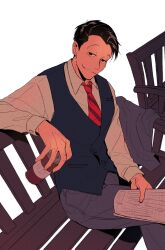 Rule 34 | 1boy, bench, black eyes, black hair, can, grin, hair slicked back, highres, holding, holding can, holding newspaper, looking at viewer, male focus, maririnbo, matsuno osomatsu, necktie, newspaper, osomatsu-san, osomatsu (series), red necktie, simple background, smile, striped necktie, waistcoat, white background