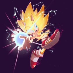 Rule 34 | 1boy, aura, blue eyes, commission, dani ve, dragon ball, electricity, energy, furry, gloves, glowing, leg up, midair, powering up, purple background, red footwear, shoes, solo, sonic (series), sonic the hedgehog, super sonic, twitter username, white gloves, yellow fur