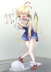 Rule 34 | 1girl, animal ears, between legs, blonde hair, blush, breasts, brown eyes, female focus, hand between legs, have to pee, highres, one eye closed, open mouth, overalls, restroom, shoes, solo, squat toilet, standing, tail, tears, toilet, toilet stall, translation request, youkaaaaaaa