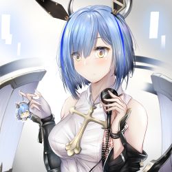 Rule 34 | + +, 1girl, azur lane, bare shoulders, black sleeves, blouse, blue hair, breasts, cross, cross necklace, detached sleeves, fleur-de-lis, floating headgear, gascogne (azur lane), gascogne (muse) (azur lane), halo, headgear, highres, holding, holding microphone, jewelry, charm (object), looking at viewer, mechanical halo, medium breasts, medium hair, microphone, necklace, shirt, sleeveless, sleeveless shirt, white shirt, xevxt, yellow eyes
