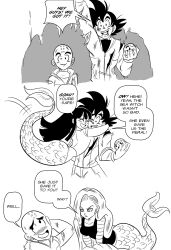 Rule 34 | 2boys, 2girls, android 18, arm up, bald, black hair, blush, breasts, chi-chi (dragon ball), comic, commentary, dragon ball, dragonball z, embarrassed, english text, fins, fish tail, funsexydb, greyscale, highres, hood, hoodie, hug, kuririn, large breasts, long hair, mermaid, monochrome, monster girl, multiple boys, multiple girls, scales, son goku, striped sleeves, tail, torn clothes