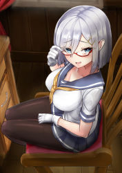 Rule 34 | 10s, 1girl, :d, adjusting eyewear, black pantyhose, bob cut, breasts, chair, collarbone, curtains, drawer, dress, eyelashes, eyes visible through hair, from above, from side, glasses, gloves, hair between eyes, hair ornament, hair over one eye, hairclip, hamakaze (kancolle), kantai collection, large breasts, lips, looking at viewer, miniskirt, neckerchief, open mouth, pantyhose, pleated skirt, red-framed eyewear, school uniform, serafuku, short dress, short hair, short sleeves, silver hair, sin (kami148), sitting, skirt, smile, solo, thighband pantyhose, wall, white gloves, wooden floor, yellow neckerchief
