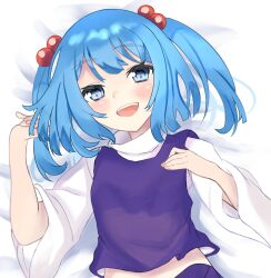Rule 34 | 1girl, aika4472, blue eyes, blue hair, commentary request, cosplay, hair bobbles, hair ornament, highres, kawashiro nitori, long sleeves, looking at viewer, lying, moriya suwako, moriya suwako (cosplay), on back, on bed, open mouth, purple vest, shirt, solo, touhou, two side up, upper body, vest, white shirt, wide sleeves